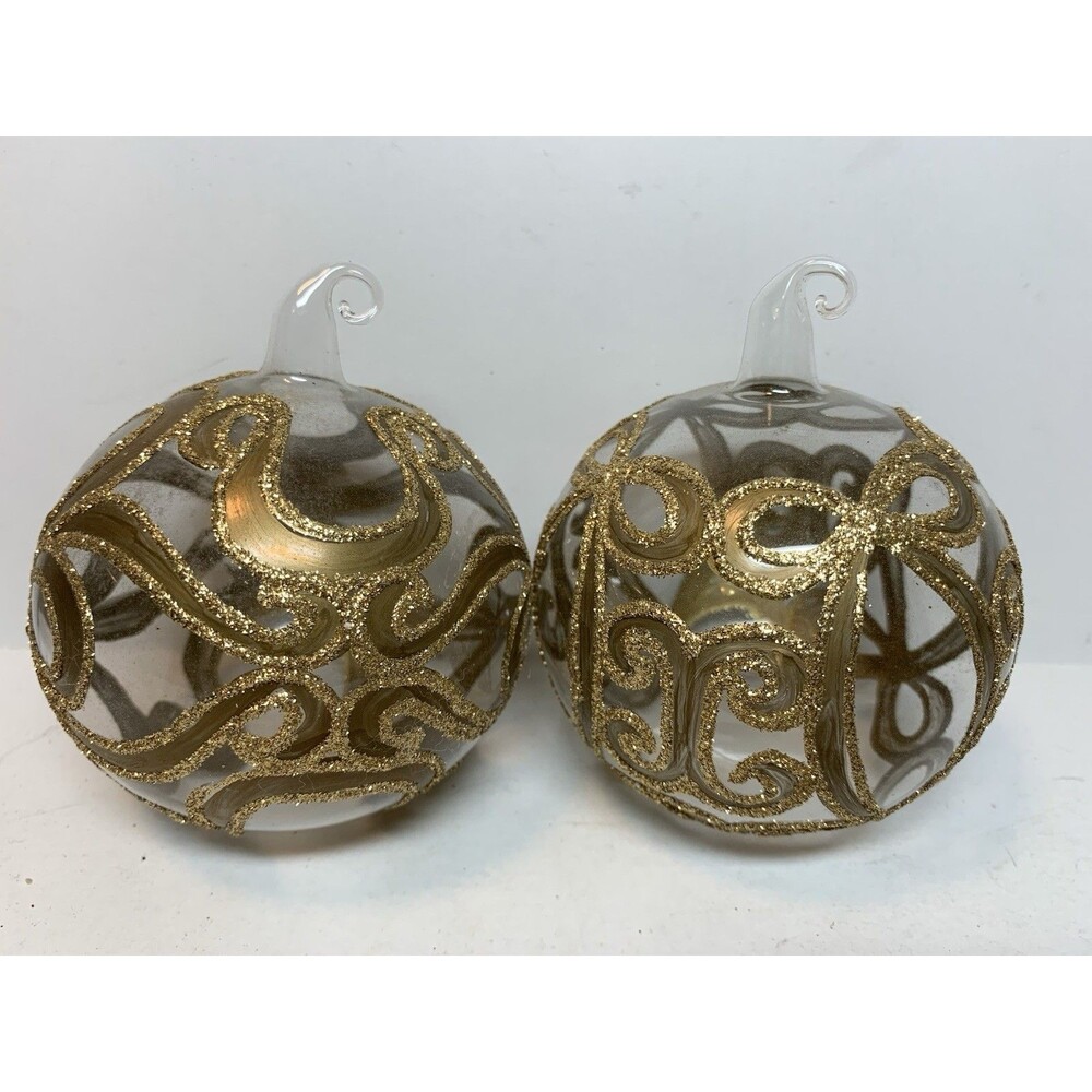 Blown Glass Christmas Ornaments Clear Gold Glitter Holiday Decoration Swirl